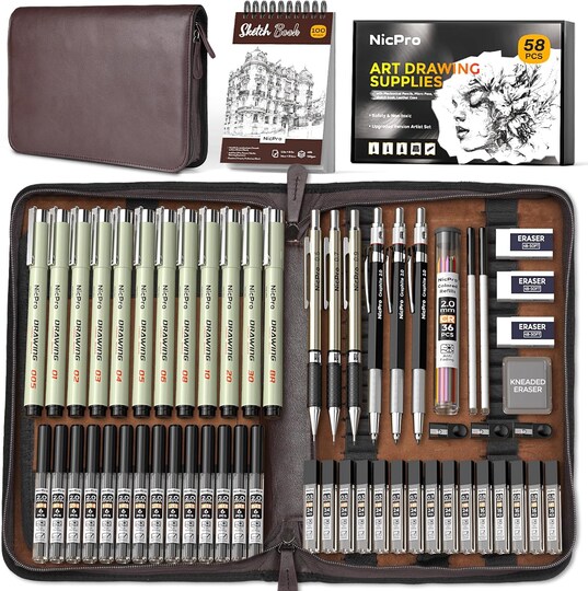 Greentek; 58-Piece Art Drawing Kit in Leather Case – Mechanical Pencil Set with 6 Drafting Pencils, 12 Micron Pens, Sketchbook, 30+ Tube Lead Refills for Sketching & Drawing (Black); Category:Mechanical Pencils; Image:1